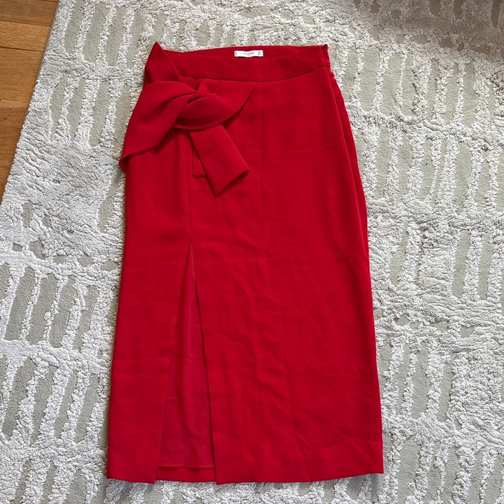 Mango Red Pencil Skirt with Bow Detail